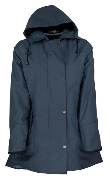 Oxford Blue Ladies Hooded Katrina Discovery Coat in Navy- 100% cotton with paisley jacquard lining and pockets, on white background