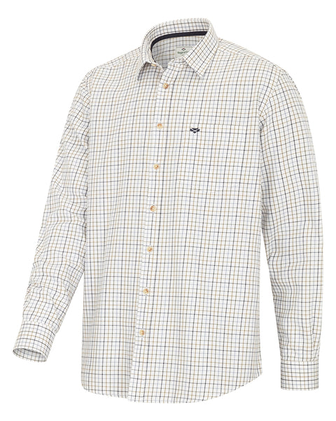 Inverness Cotton Tattersall Shirt with white background with navy, blue and brown tattersall stripes.