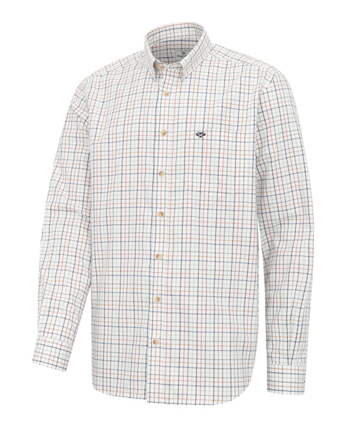 Inverness Cotton Tattersall Shirt with white background with navy and rust coloured tattersall stripes.