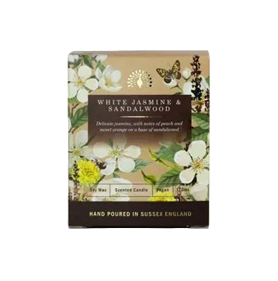 White Jasmine & Sandalwood candle packaging with floral design on a white background
