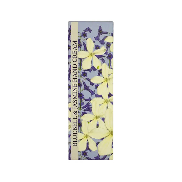 Bluebell & Jasmine hand cream packaging with floral design on a white background