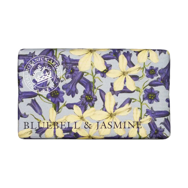 Image of the Kew Bluebell & Jasmine soap bar wrapped in a beautiful floral packaging.