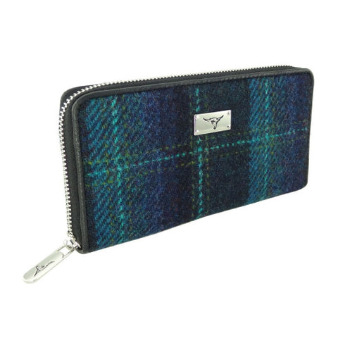 Harris Tweed 'Staffa' Long Zip Purse in Blue with Turquoise Overcheck