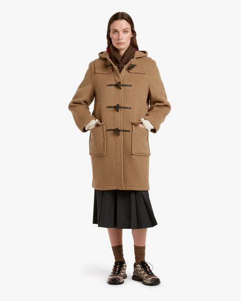 Ladies Gloverall Freda Duffle Coat in Camel Buchanan - 80% Wool, 20% polyamide oversized coat with tartan lining - on model on a white background