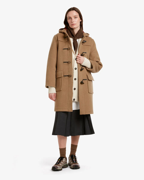 Ladies Gloverall Freda Duffle Coat in Camel Buchanan - 80% Wool, 20% polyamide oversized coat with tartan lining - on model with coat open on a white background