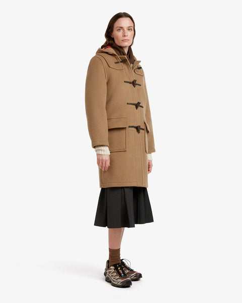 Ladies Gloverall Freda Duffle Coat in Camel Buchanan - 80% Wool, 20% polyamide oversized coat with tartan lining - side view of coat on model on a white background
