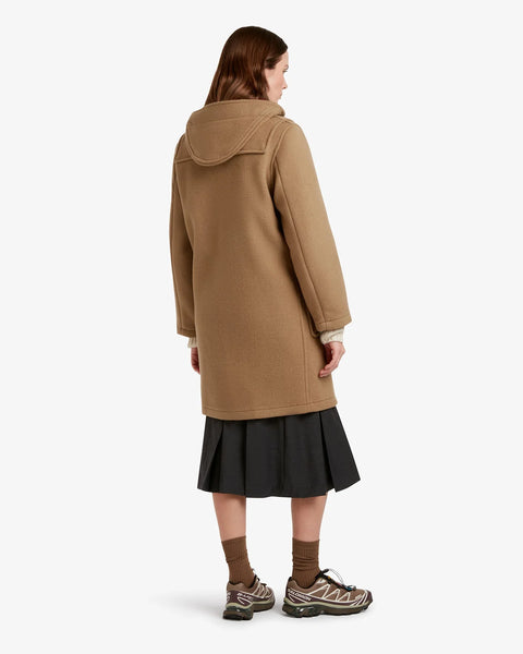 Ladies Gloverall Freda Duffle Coat in Camel Buchanan - 80% Wool, 20% polyamide oversized coat with tartan lining - back view of coat on model on a white background