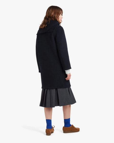 Ladies Gloverall Freda Duffle Coat in Navy Blackwatch - 80% Wool, 20% polyamide oversized coat with tartan lining - back view of coat on model on a white background