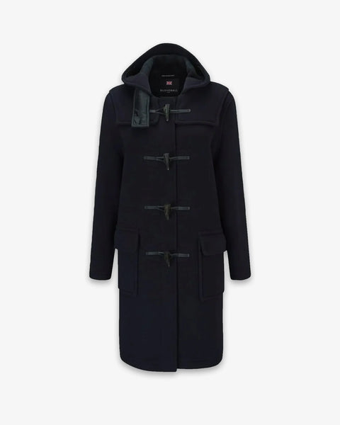 Ladies Gloverall Freda Duffle Coat in Navy Blackwatch - 80% Wool, 20% polyamide oversized coat with tartan lining - on a white background