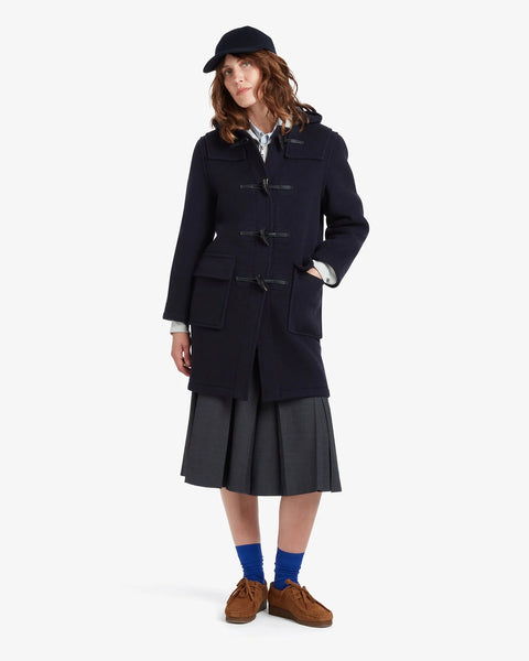 Ladies Gloverall Freda Duffle Coat in Navy Dress Gordon - 80% Wool, 20% polyamide oversized coat with tartan lining - on model on a white background