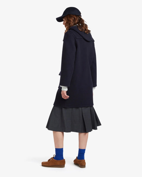 Ladies Gloverall Freda Duffle Coat in Navy Blackwatch - 80% Wool, 20% polyamide oversized coat with tartan lining - back view of coat on model on a white background