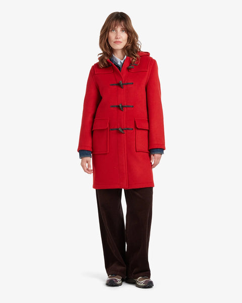 Ladies Gloverall Freda Duffle Coat in Red Thompson - 80% Wool, 20% polyamide oversized coat with Tartan lining - on model on a white background