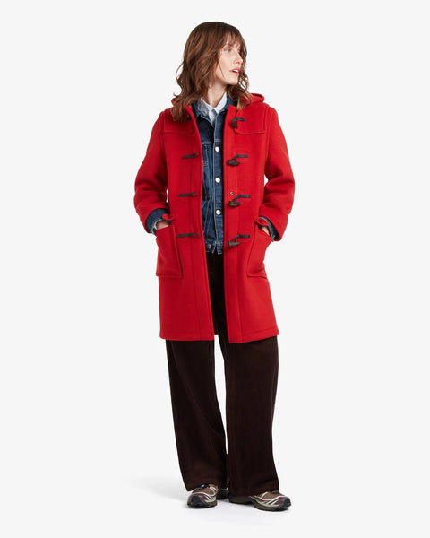 Ladies Gloverall Freda Duffle Coat in Red Thompson - 80% Wool, 20% polyamide oversized coat with Tartan lining - on model with hands in pockets, coat unbuttoned