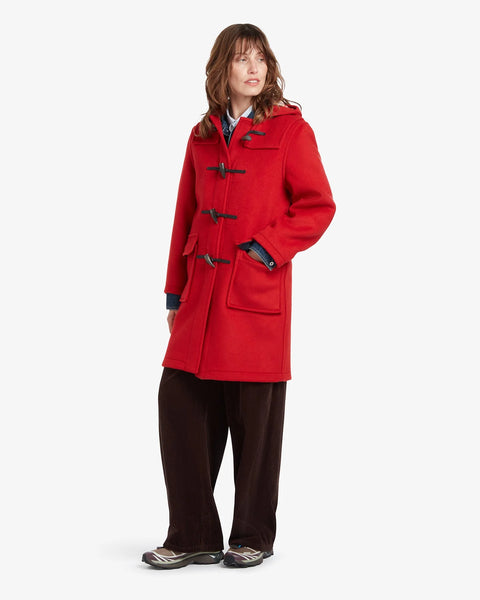 Ladies Gloverall Freda Duffle Coat in Red Thompson - 80% Wool, 20% polyamide oversized coat with Tartan lining - on model with hand in pocket