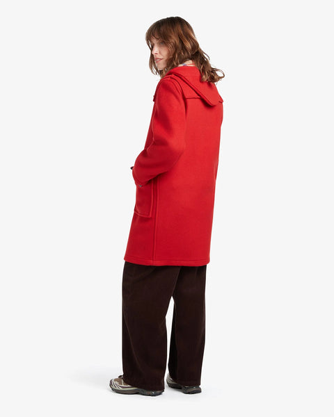 Ladies Gloverall Freda Duffle Coat in Red Thompson - 80% Wool, 20% polyamide oversized coat with Tartan lining - on model showing back view of coat