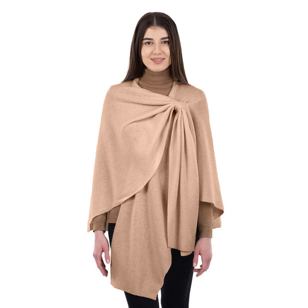 Woman wearing lambswool draped shawl in brown