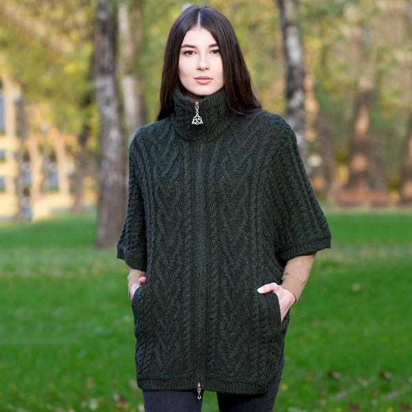 Funnel Neck Poncho in Army Green - 100& Merino Wool Poncho with zipper and pockets, on model 