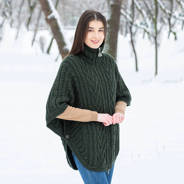 Funnel Neck Poncho in Army Green - side view, on model 