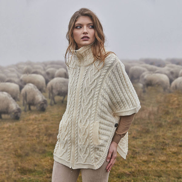 Funnel Neck Poncho Natural - 100& Merino Wool Poncho with zipper and pockets, on model 