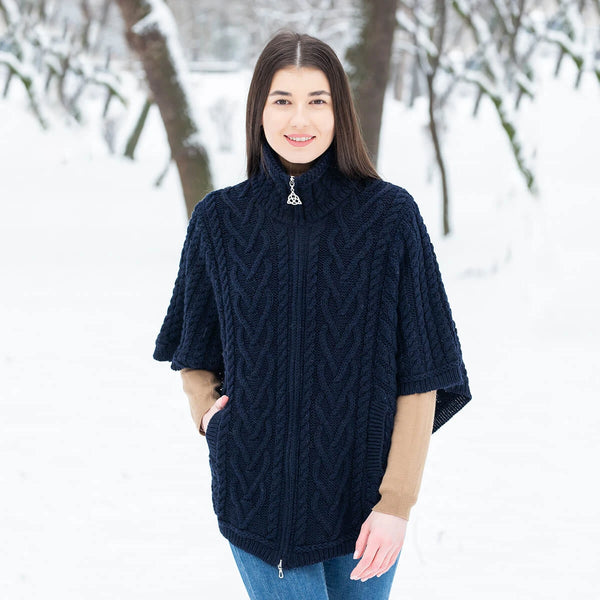Funnel Neck Poncho in Navy- 100& Merino Wool Poncho with zipper and pockets, on model 