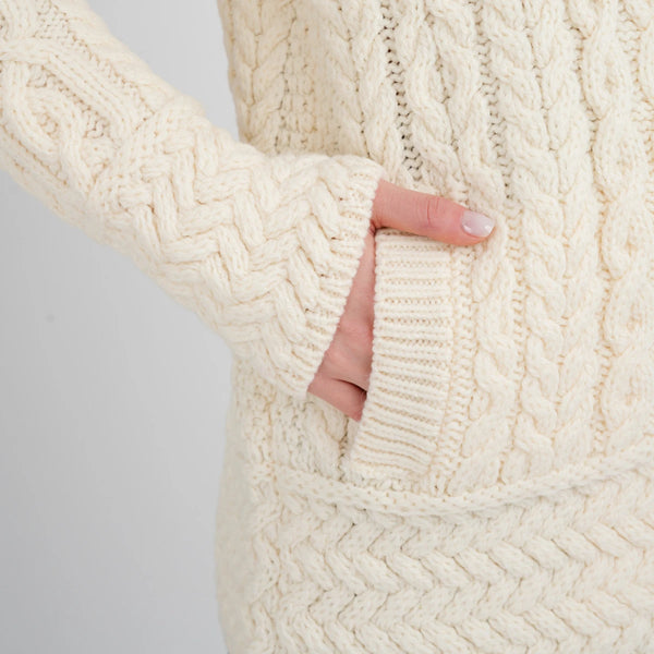 Cable Knit Side Zip Cardigan in White- close up view on cable knit and side pocket