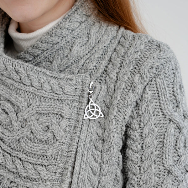 Cable Knit Side Zip Cardigan in Grey- close up view to zipper details