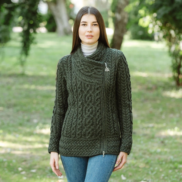 Cable Knit Side Zip Cardigan in Army Green- 100% Merino Wool with Side Zipper and pockets, on model