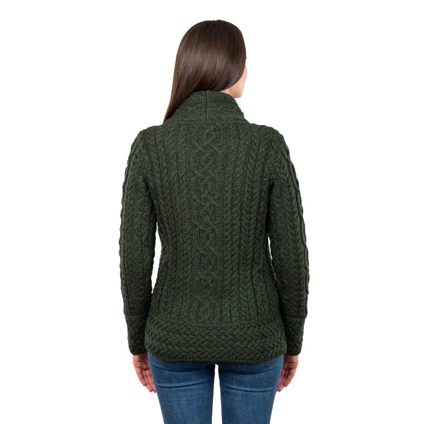 Cable Knit Side Zip Cardigan in Army Green- back view on white background on model