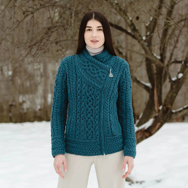 Cable Knit Side Zip Cardigan in Teal- 100% Merino Wool with Side Zipper and pockets, on model