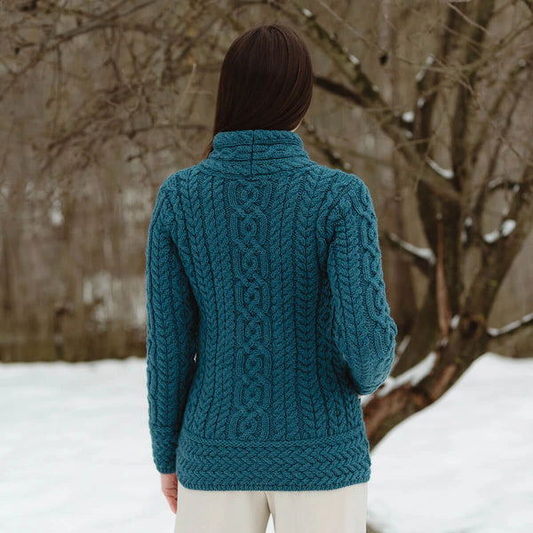 Cable Knit Side Zip Cardigan in Teal- back view, on model