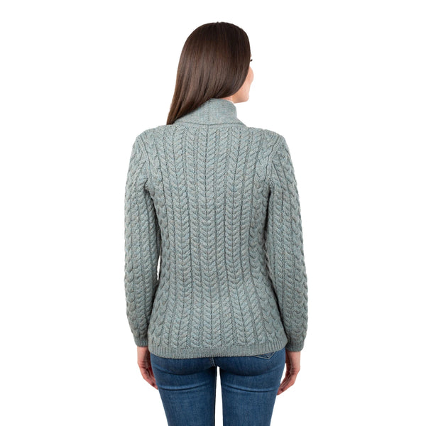 Ladies Shawl Neck Cardigan in Skylight- back view of cardigan on model on white background