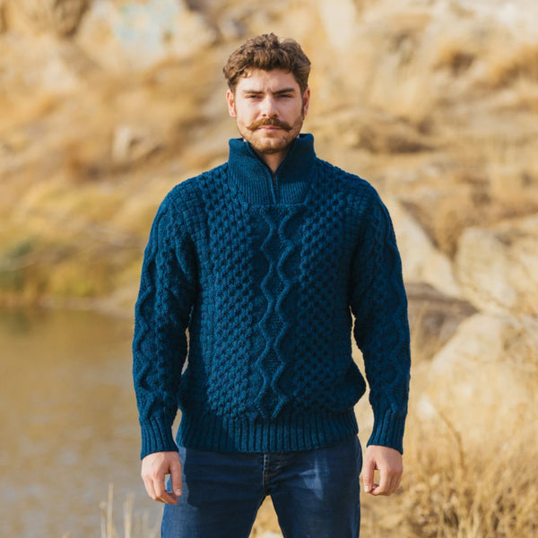 Men's Wool Half-Zip Sweater in Ocean Blue - 100% Merino Wool knit sweater with half zip, on model