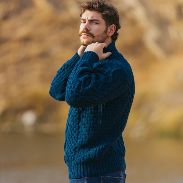 Men's Wool Half-Zip Sweater in Ocean Blue -side view, on model