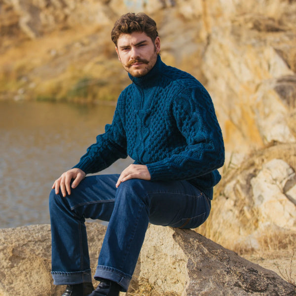 Men's Wool Half-Zip Sweater in Ocean Blue - 3/4 view, on model