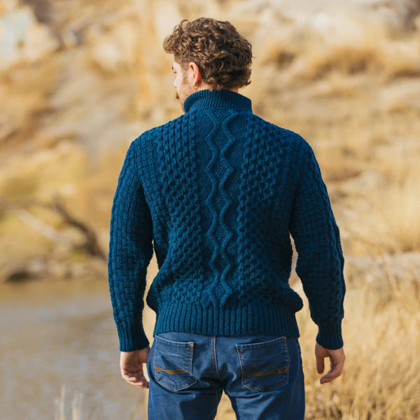 Men's Wool Half-Zip Sweater in Ocean Blue - back view, on model