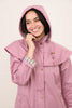 Ladies Outrider 3/4 Length Raincoat in Plum - close up on hood details, on model