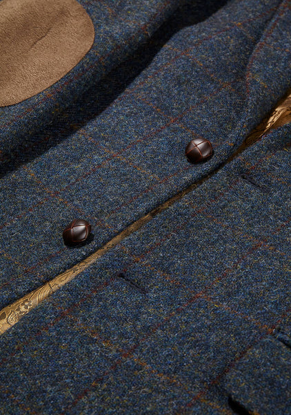 Up close view of buttons on the blue multi check Harris Tweed Patrick Jacket