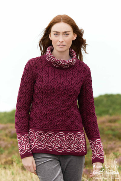Ranelagh Cowl Neck Jacquard Sweater in Wine - 100% Merino Wool cowl neck sweater, on model