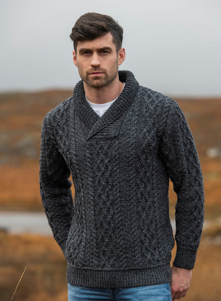 Bunratty Shawl Collar Sweater in Charcoal - 100% Merino Wool Men's Sweater with Shawl Collar, on Model