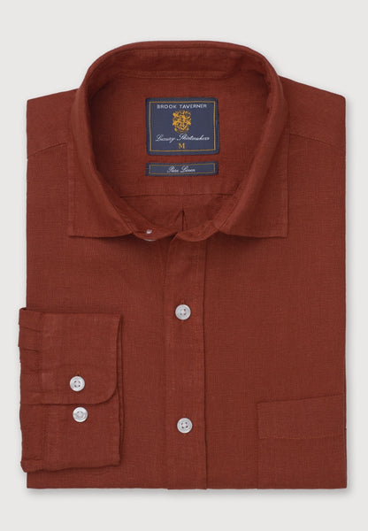 An image showing a folded Regular Fit Rust Pure Linen Shirt.