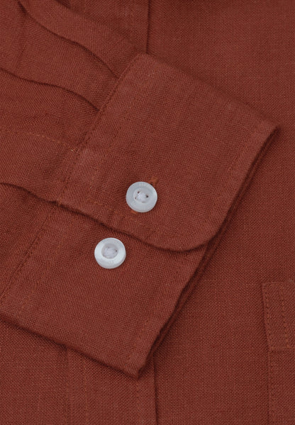 A close-up view of the end of sleeve of the Regular Fit Rust Pure Linen Shirt.