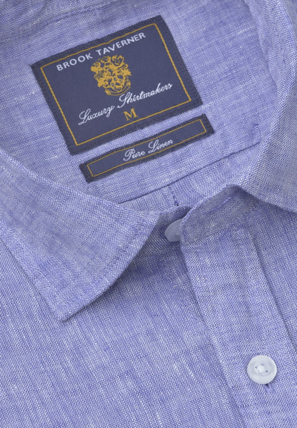 Up close view of the shirt label and neck line of the Brook Taverner Linen Shirt 4591H