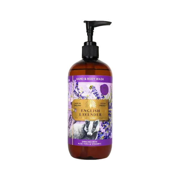 Hand and body wash bottle with English Lavender and a badger on label.