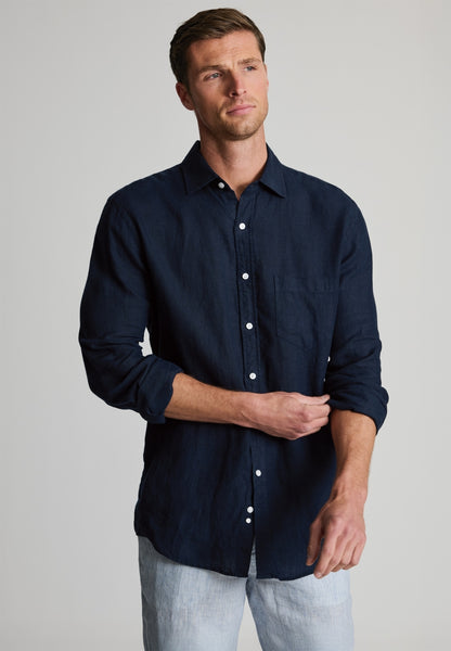 Man wearing Regular Fit Navy Pure Linen Shirt Navy