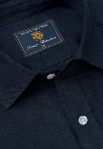 Up close view of the neckline of Regular Fit Navy Pure Linen Shirt Navy