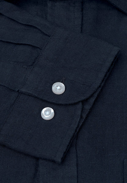Up-close view of the edge of sleeve for the Regular Fit Navy Pure Linen Shirt Navy colour.