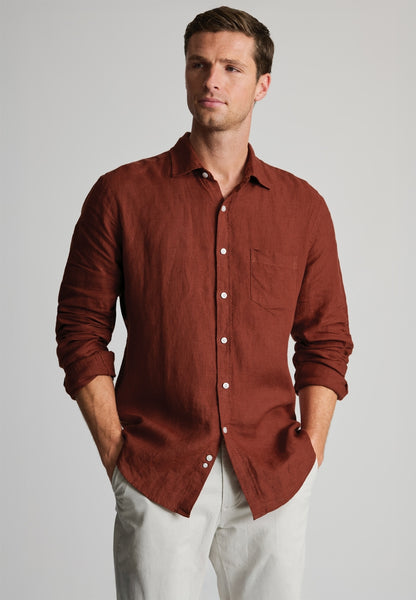Model wearing the Regular Fit Rust Pure Linen Shirt