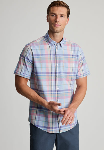Model wearing the Regular Fit Sky Blue Check Slub Cotton Short Sleeve Shirt
