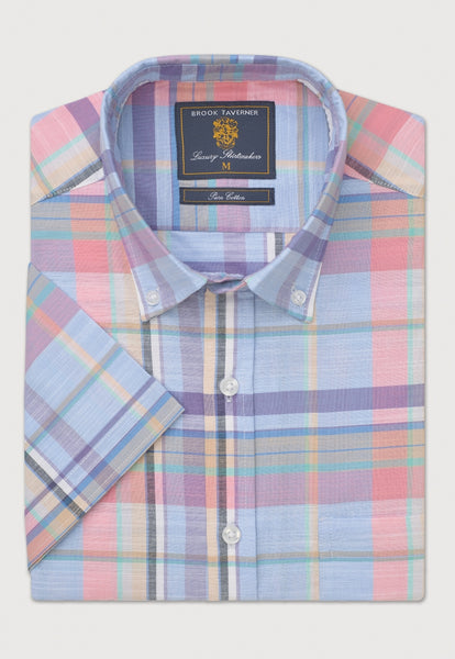 A close up view of the folded Regular Fit Sky Blue Check Slub Cotton Short Sleeve Shirt.