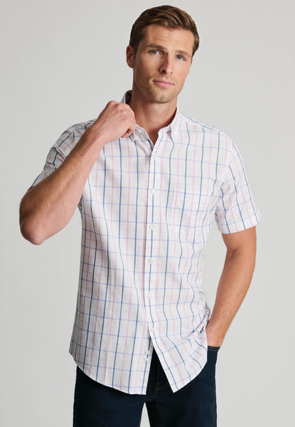 Model wearing Pink Tattersal short sleeved shirt 4738A